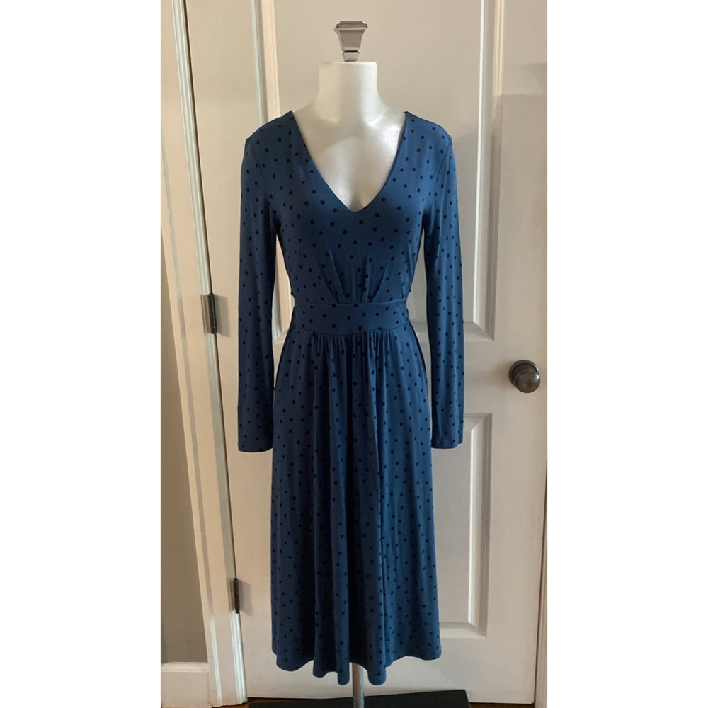 Boden Ferne Midi Dress Long Sleeve Teal Blue Polka Dot 6R Jersey V-Neck